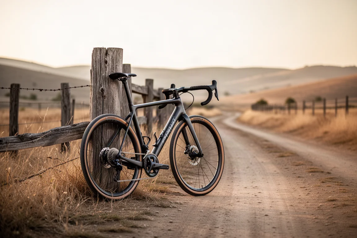 Gravelbike leunend tegen een houten hek langs een zandpad tijdens het gouden uur