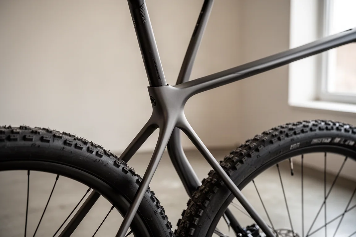Close-up van de achterkant van een gravelbike met slanke achtervorkbenen en een verlaagde zitbuis