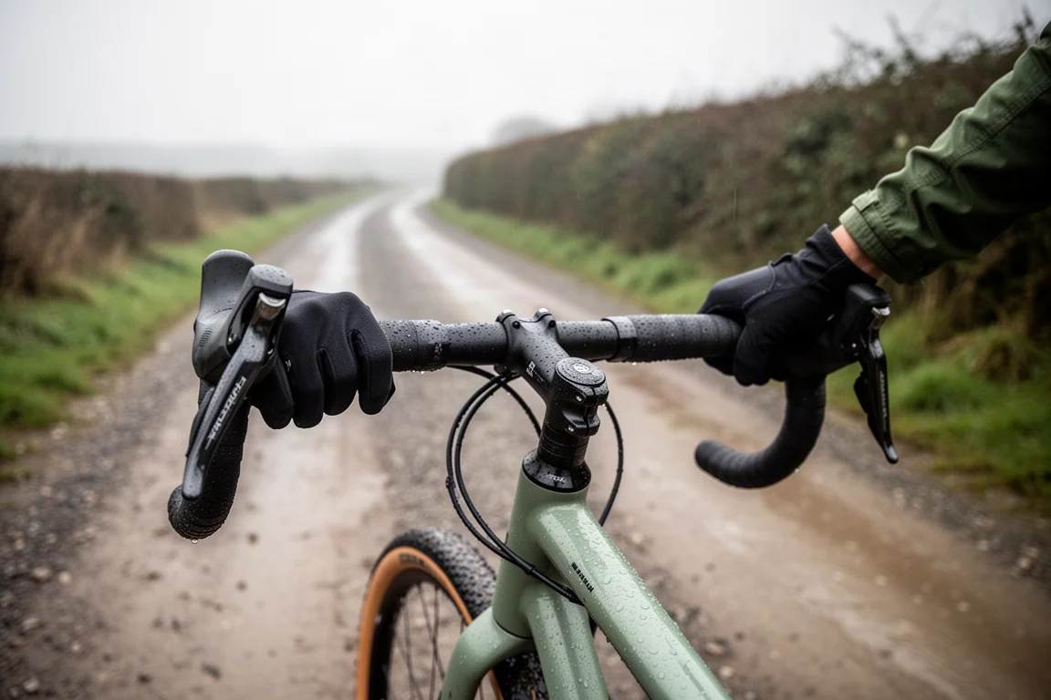 Renner die schakelt op een fiets met racestuur op een natte gravelweg