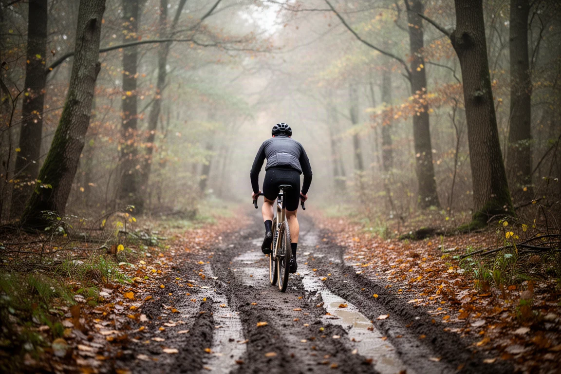 Gravelrijder op een modderig pad door een herfstbos