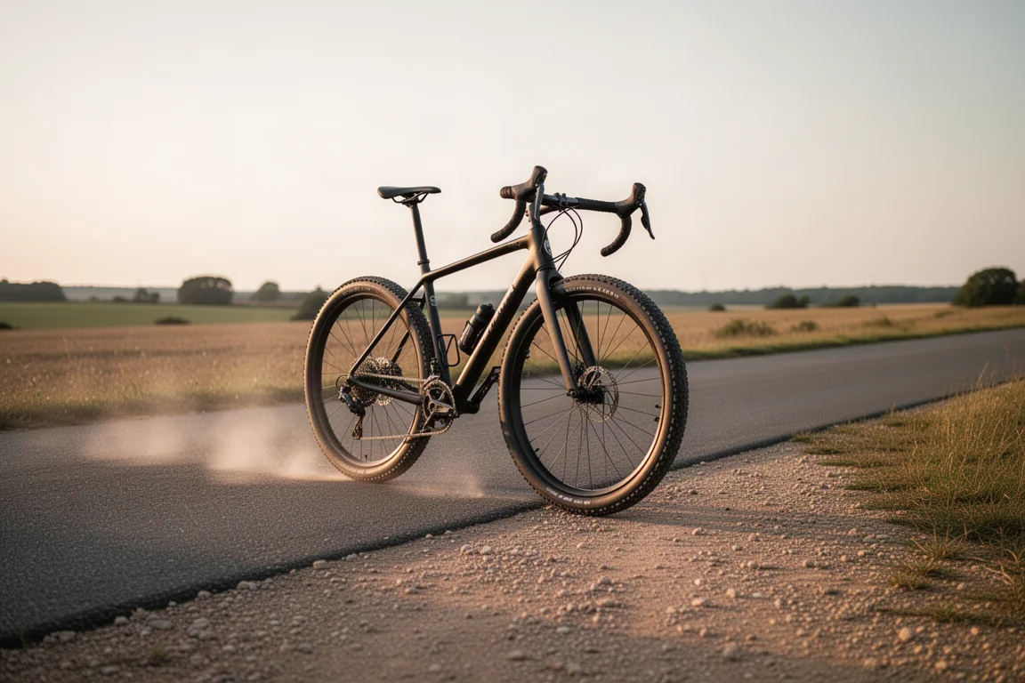 Ciclista sobre una bicicleta de gravel rodando por un camino de tierra con surcos entre pastizales abiertos