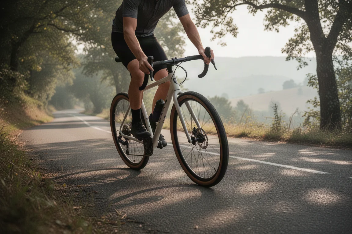 Primer plano de la puntera trasera de una bicicleta de gravel y un neumático ancho con tacos cubierto de polvo