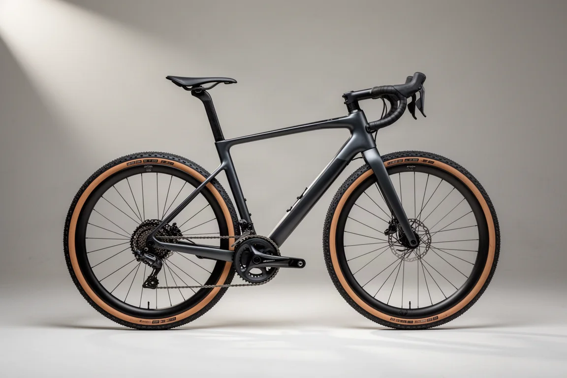 Carbon gravel bike with wide knobby tyres photographed on a neutral grey backdrop