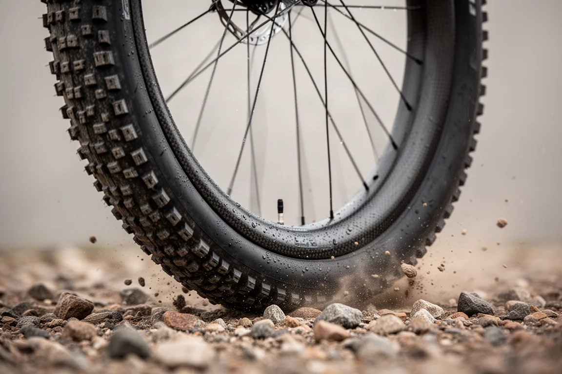 Nahaufnahme einer tiefen Carbonfelge und eines grobstolligen Gravel-Reifens auf losem Schotter