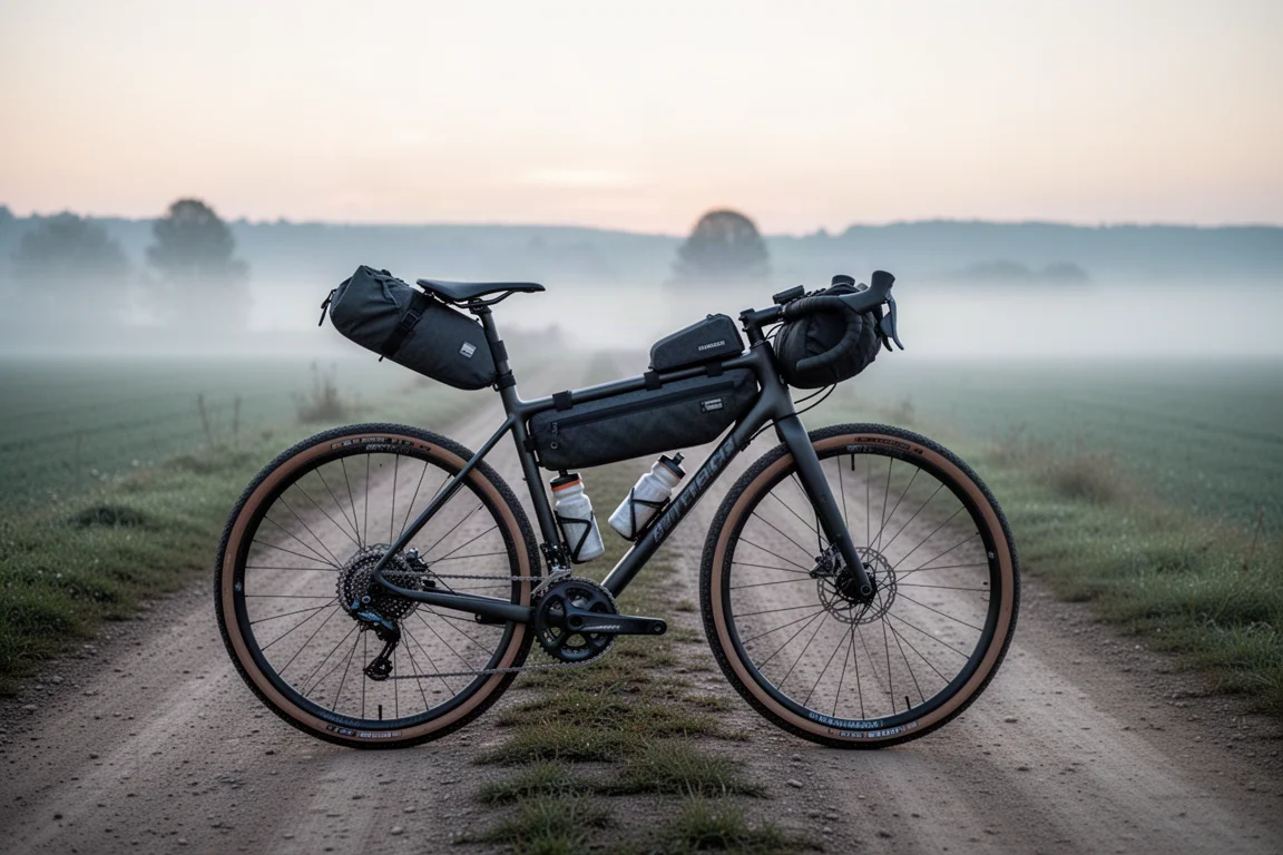 Beladenes Carbon-Gravelbike auf einem stillen Feldweg im Morgengrauen, Nebel über den Feldern