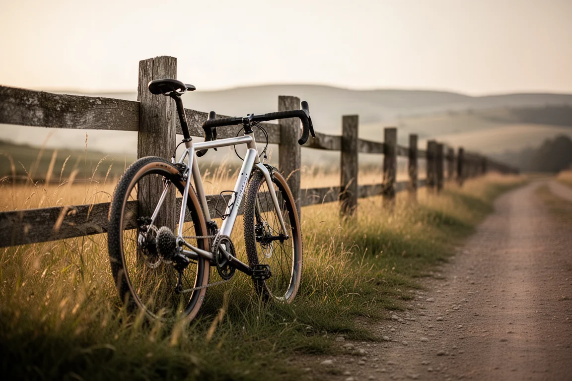 Gravelbike lehnt an einem verwitterten Holzzaun im goldenen Abendlicht