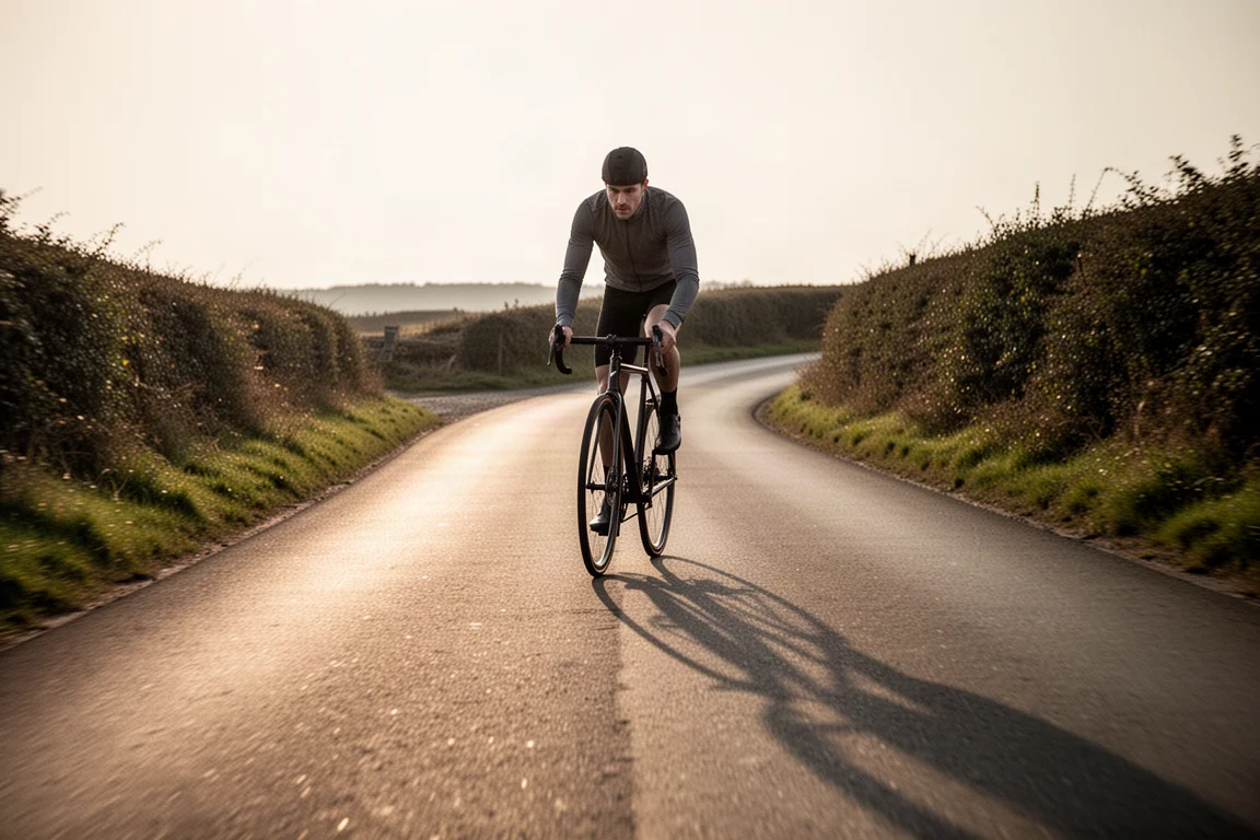 Line of gravel racers spread across a dusty dirt road at golden hour