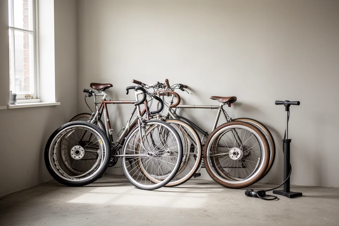 Carbon gravel bike leaning against a concrete wall in a bright workshop