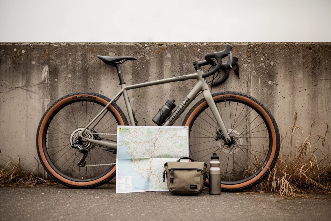 Gravelbike lehnt an einer Wand neben einer Routenkarte und Fahrradausrüstung