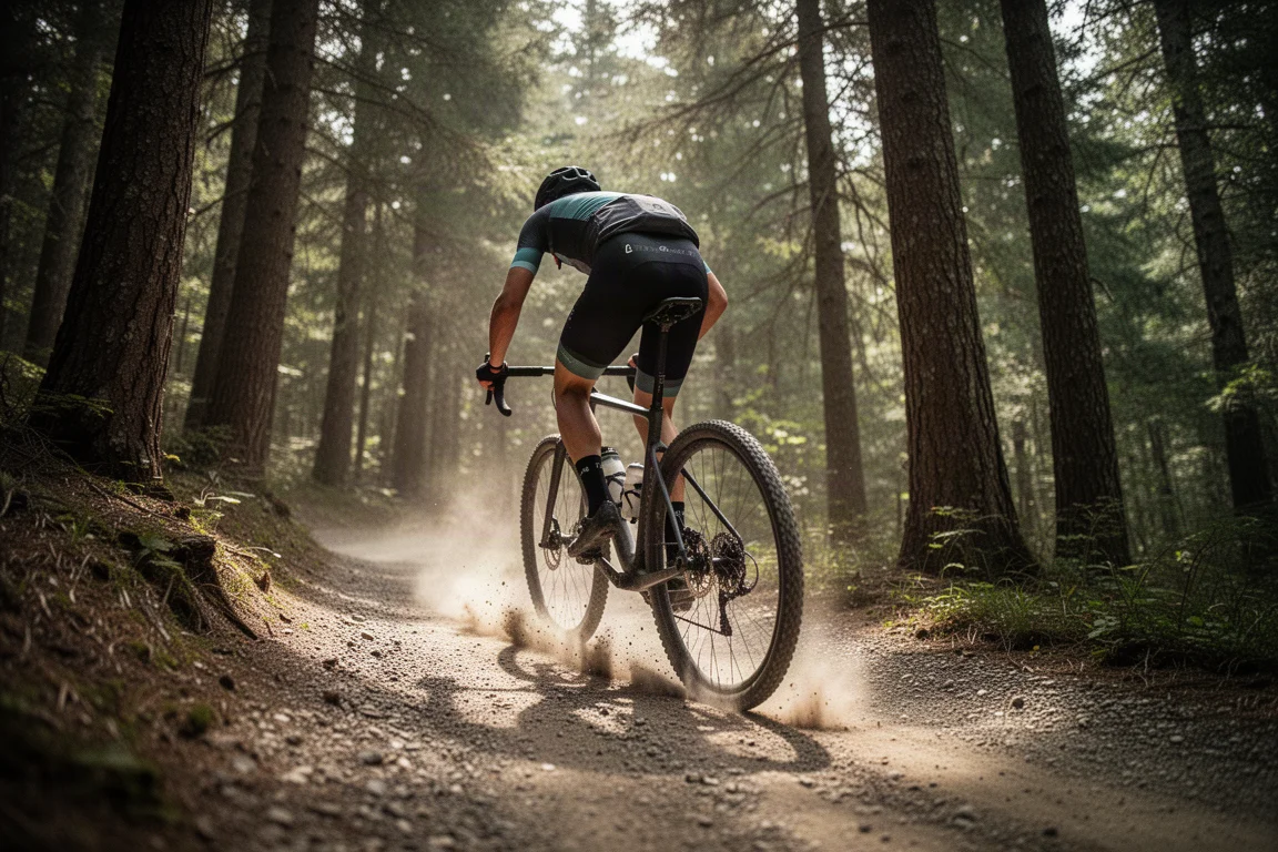 Ciclista gravel che sale su un sentiero forestale smosso nella luce morbida del mattino