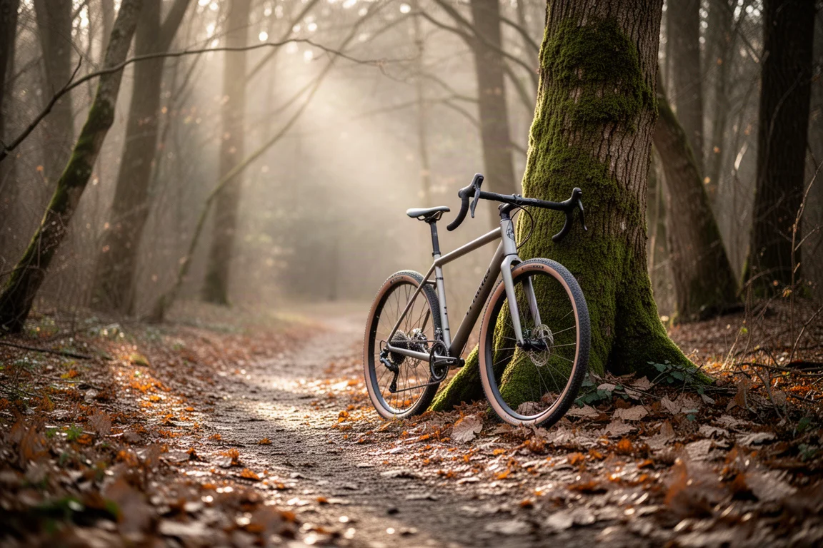 Gravel bike appoggiata a un albero su un sentiero boschivo coperto di foglie