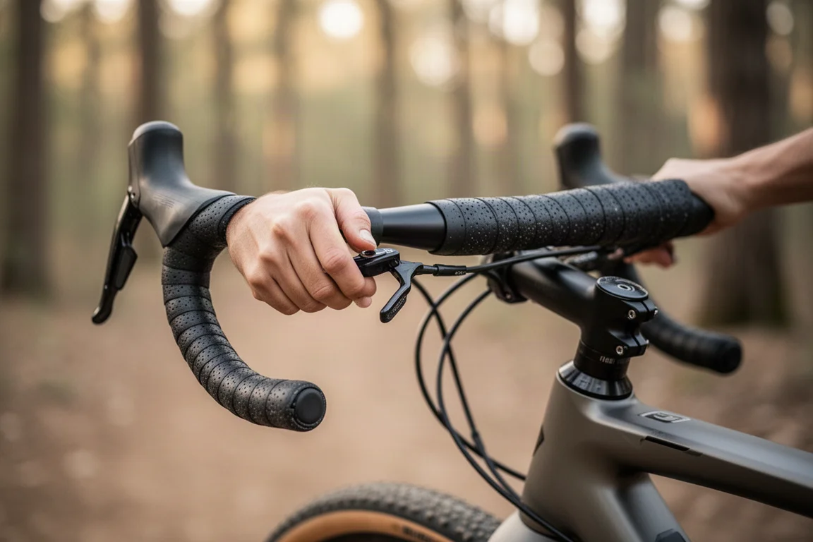 Ciclista che regola la leva di un reggisella telescopico su un manubrio gravel largo