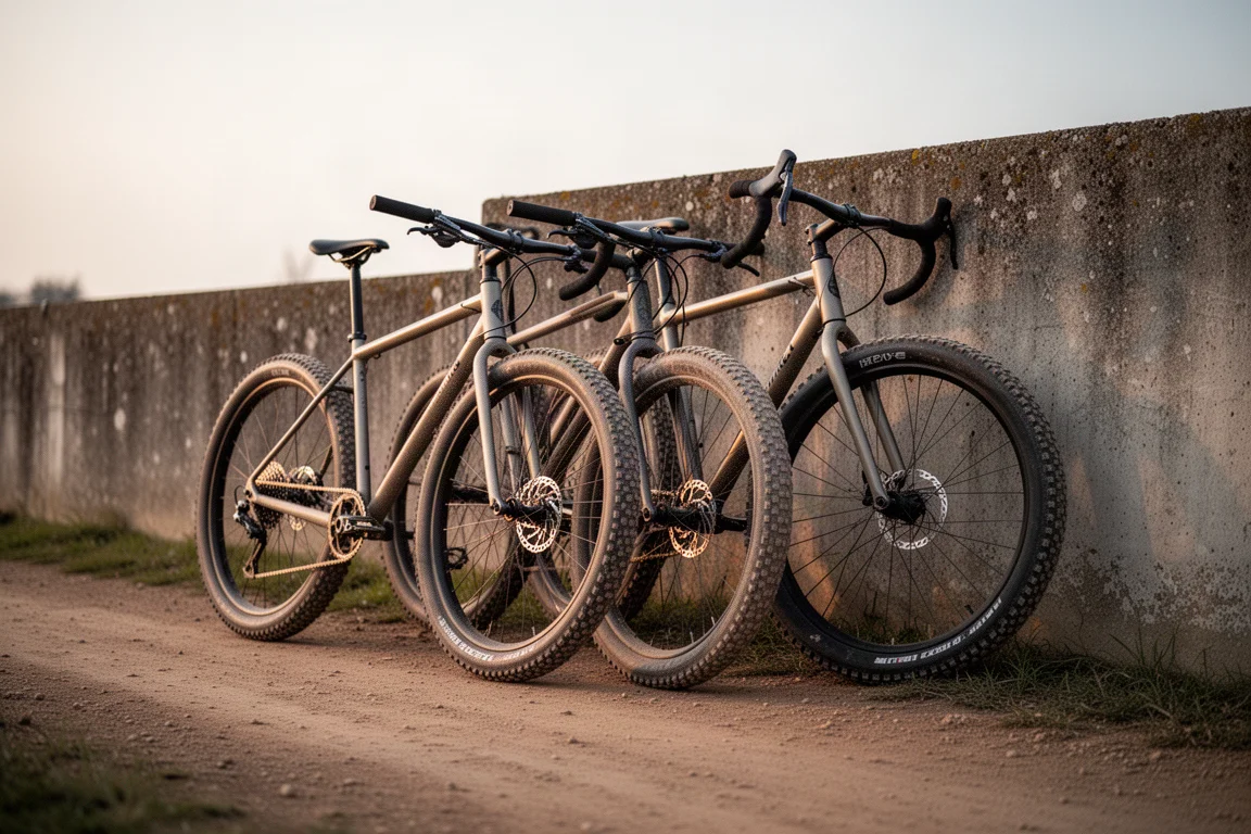 Due bici gravel appoggiate a una parete di cemento consumata nella luce bassa della sera