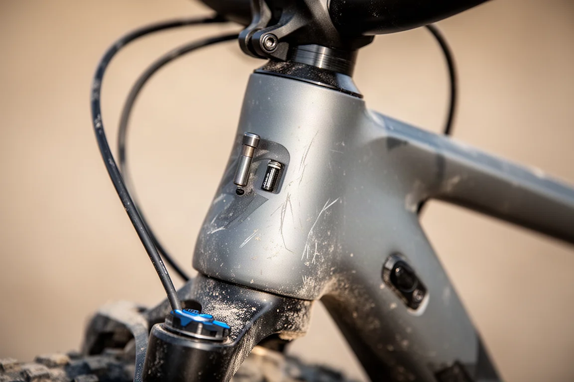Primo piano della testa della forcella ammortizzata di una bici gravel, con cavi che passano accanto