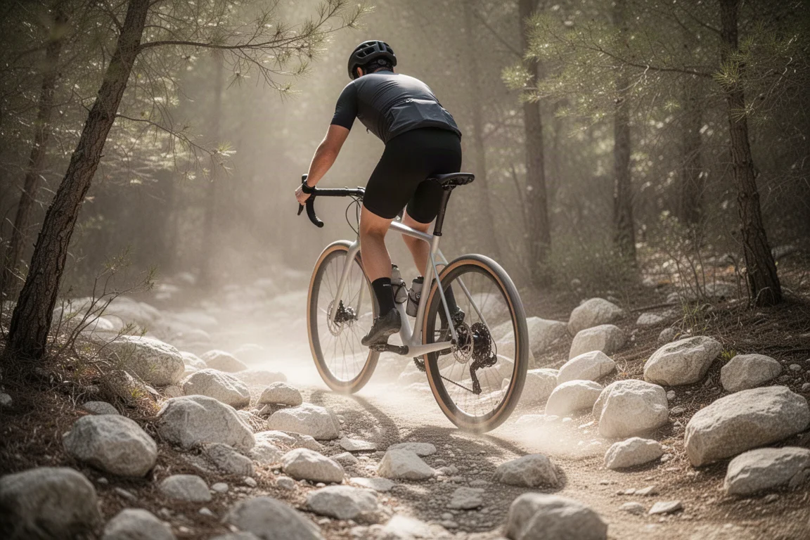 Ciclista su bici gravel lungo un sentiero sassoso e smosso nella luce filtrata del bosco