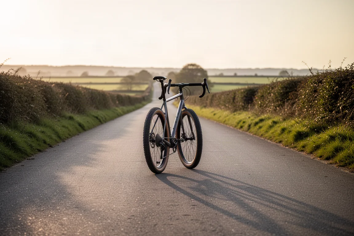 Ciclista che spinge a mano una bici gravel su una tranquilla strada di campagna all'ora d'oro