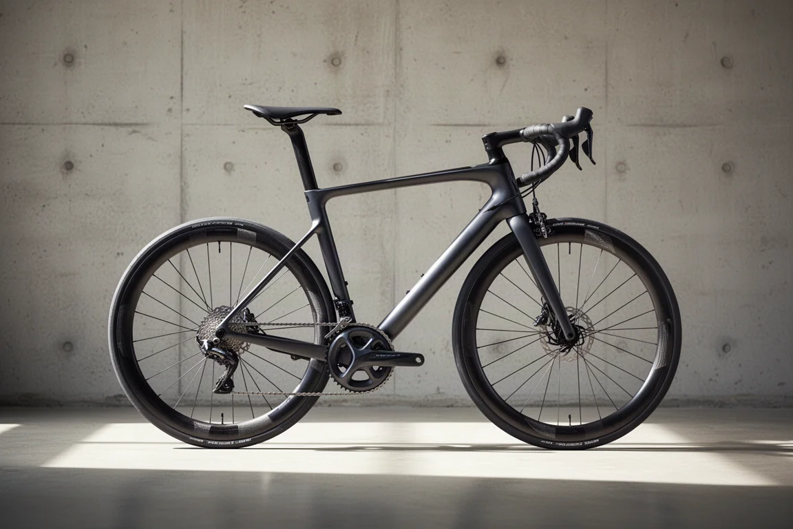 コンクリート壁を背景に横向きで撮影された軽量カーボンロードレースバイク