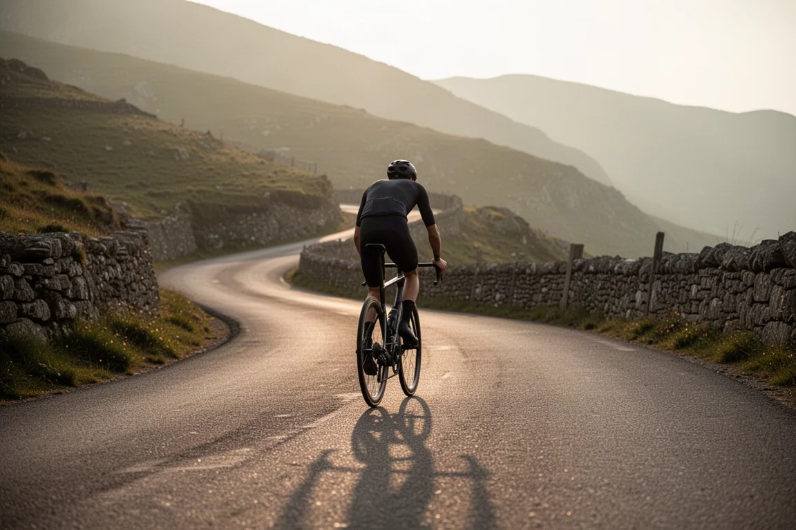 Ciclista de estrada subindo uma estrada de montanha sinuosa na hora dourada
