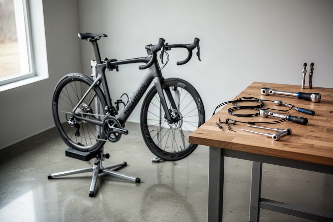 Bicicleta de estrada de carbono em suporte de reparo ao lado de ferramentas em uma bancada