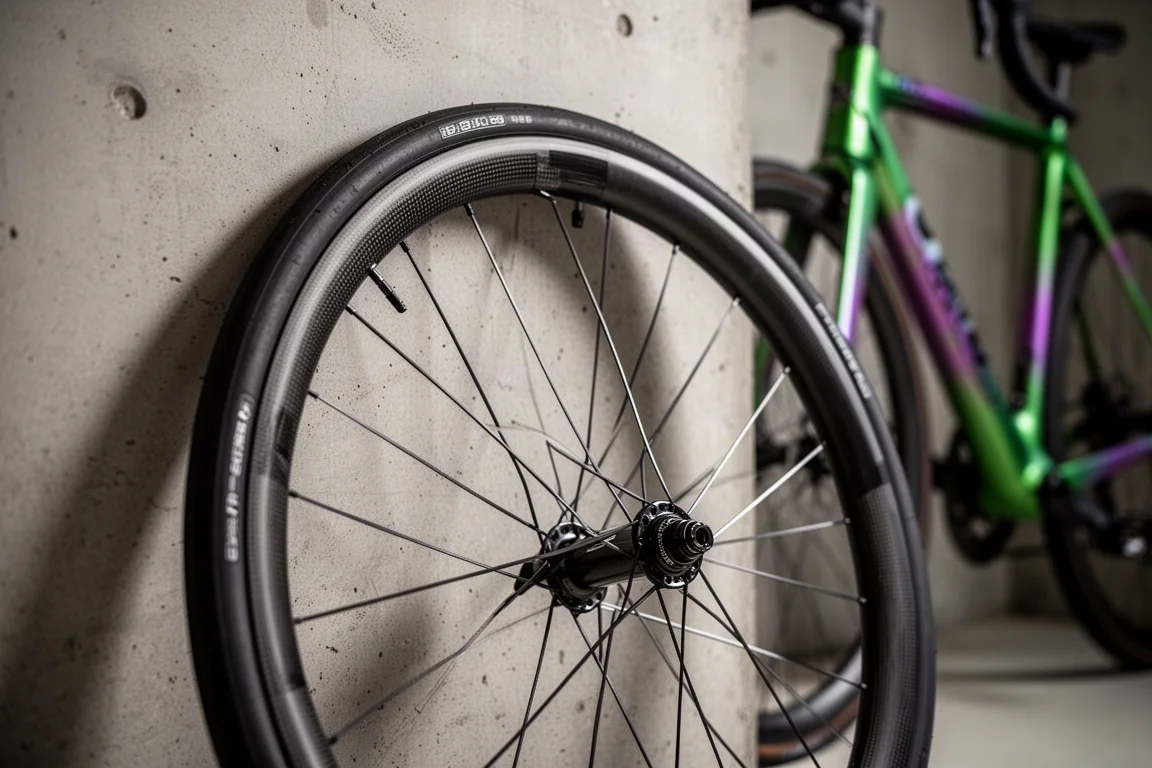 Gros plan d'une roue de route carbone à profil haut avec un pneu tubeless noir contre un mur en béton