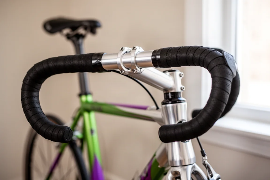 Gros plan du poste de pilotage d'un vélo de route avec cintre rond en aluminium, ruban de cintre noir et potence en aluminium