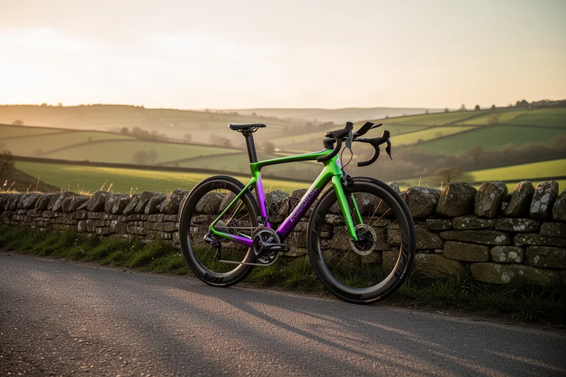 Vélo de route carbone à peinture caméléon vert-violet appuyé contre un mur en pierre au bord d'une route de campagne au crépuscule