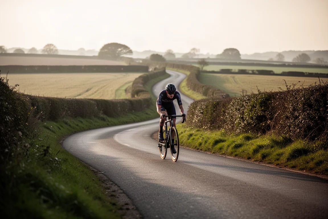 Road cyclist riding a carbon road bike along an empty countryside lane at golden hour