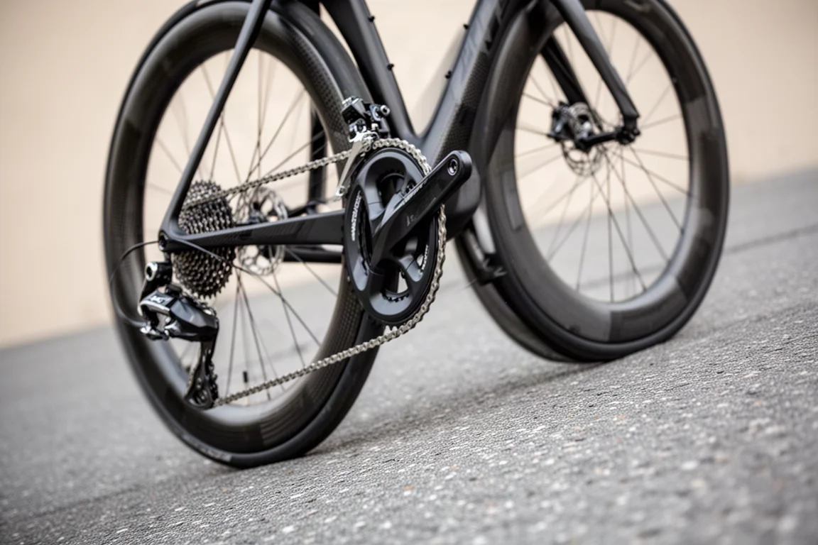 Road bike climbing a steep mountain pass with hairpin switchbacks behind