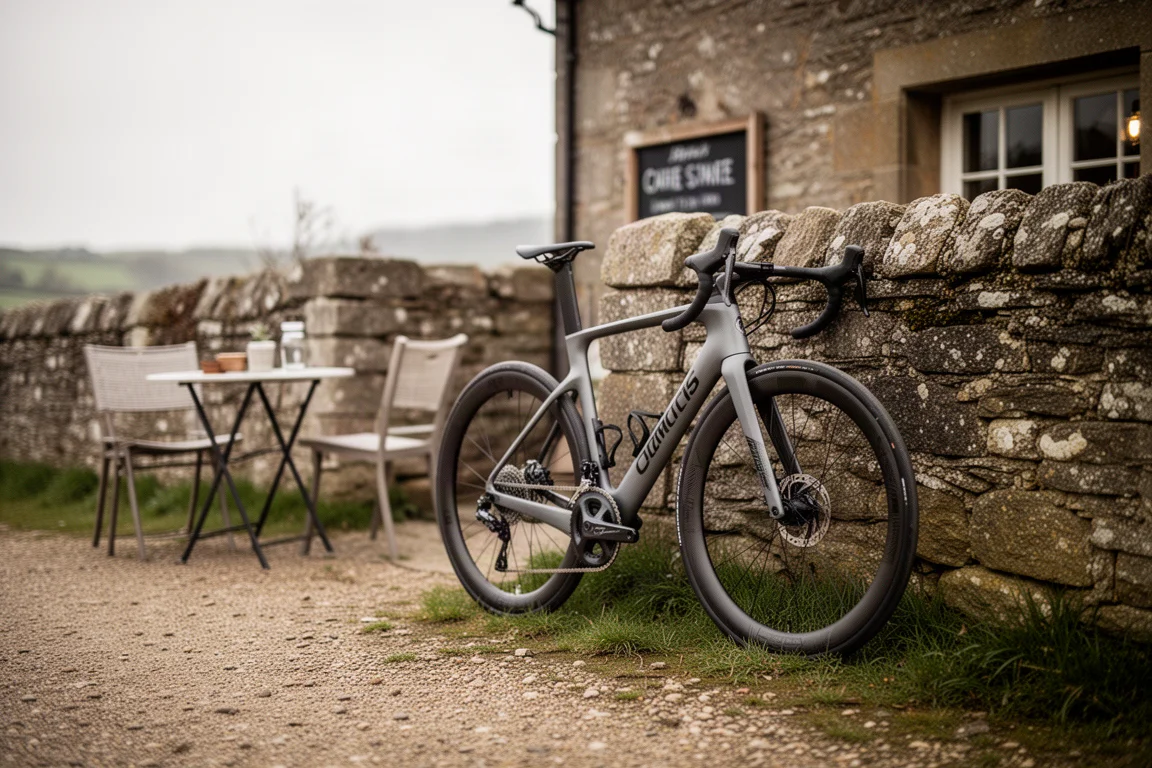 Carbon road bike resting in a stand inside a tidy workshop with daylight