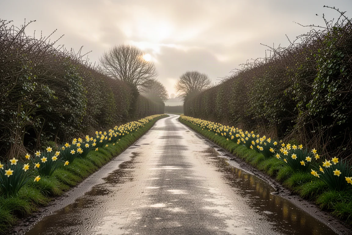 Camino de asfalto rural mojado entre setos con narcisos bajo la luz de principios de primavera