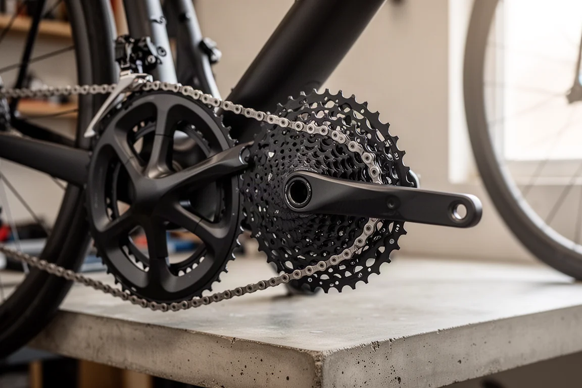 Primer plano de un plato único y un casete de amplio rango en la transmisión de una bicicleta de carretera