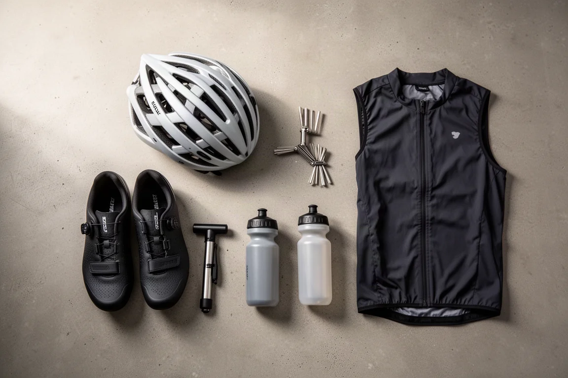 Vista cenital de accesorios esenciales de ciclismo dispuestos sobre una superficie de hormigón