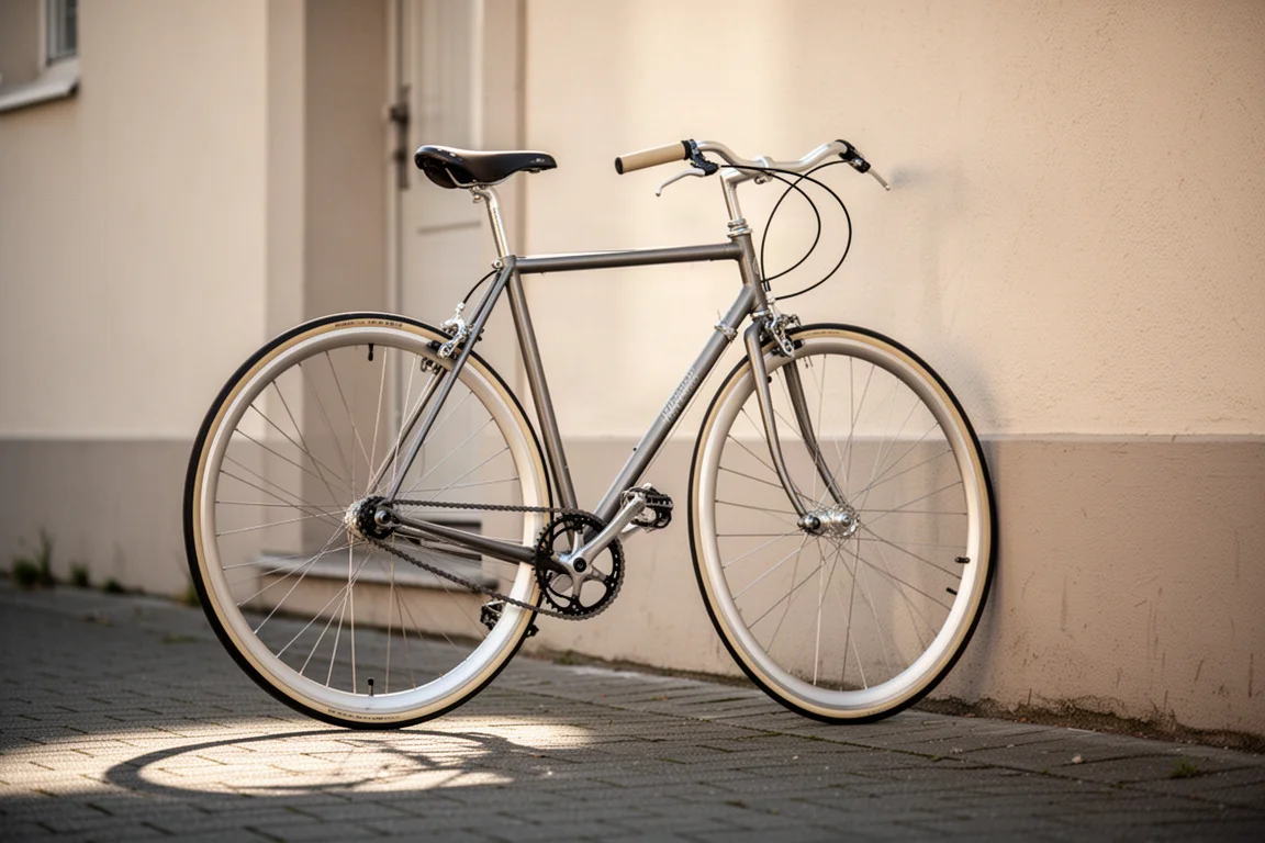Bici da strada con freni a cerchio appoggiata a un muro in una luce soffusa