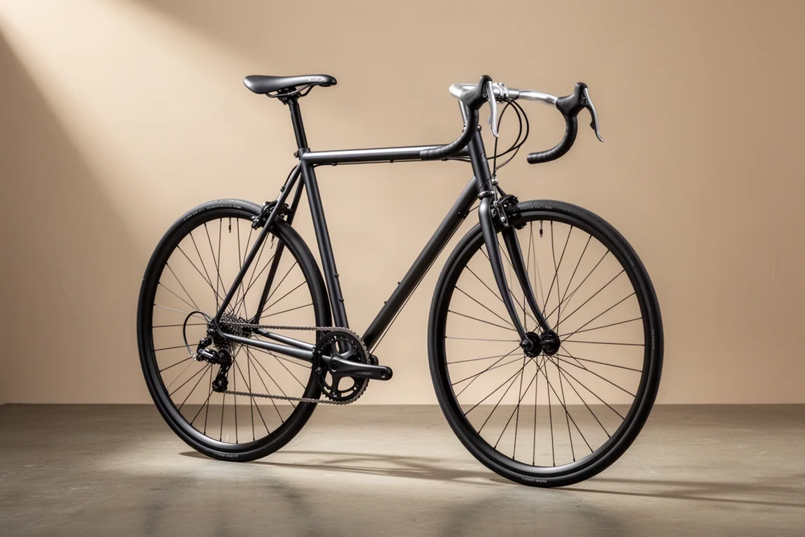 Classic rim-brake road bike with shallow alloy wheels and external cable routing