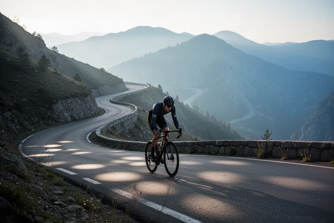 Rennradfahrer im Wiegetritt beim Erklimmen eines steilen Anstiegs im Morgengrauen