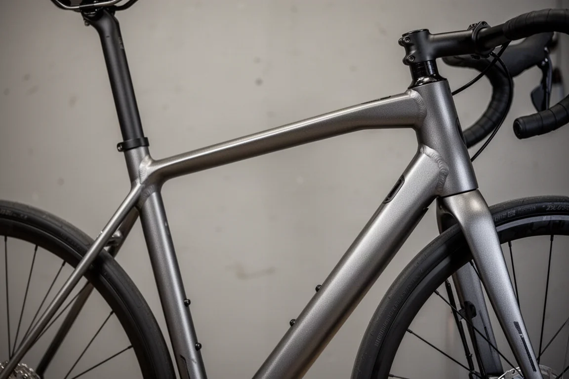 Nahaufnahme des Rahmendreiecks eines Rennrads mit kompakter Geometrie in mattem Finish