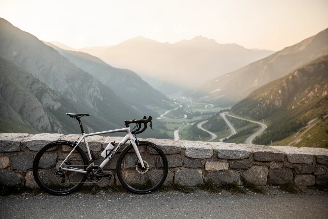 Rennrad am Gipfel eines Bergpasses bei Sonnenaufgang
