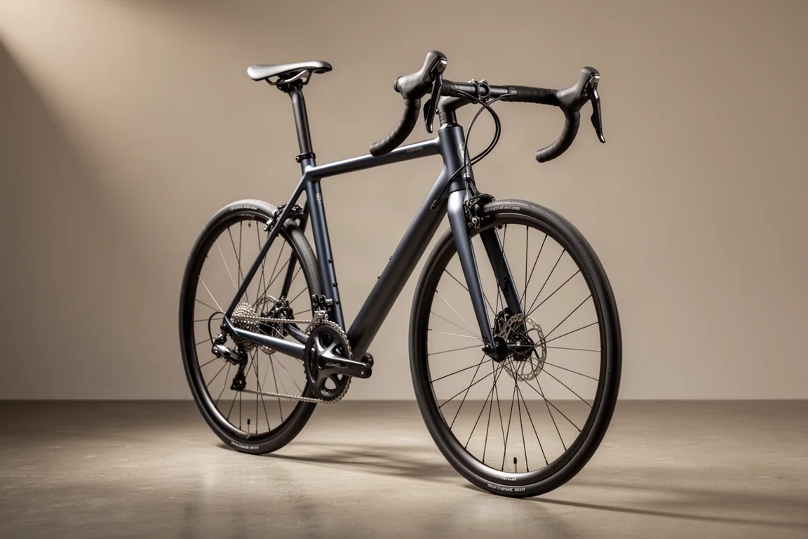 Lightweight road bike with a slim dark carbon frame in three-quarter view on concrete