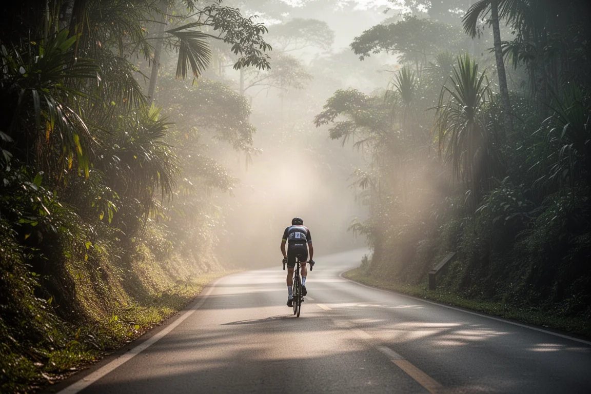Ciclista de estrada subindo uma estrada de montanha enevoada margeada por vegetação subtropical densa