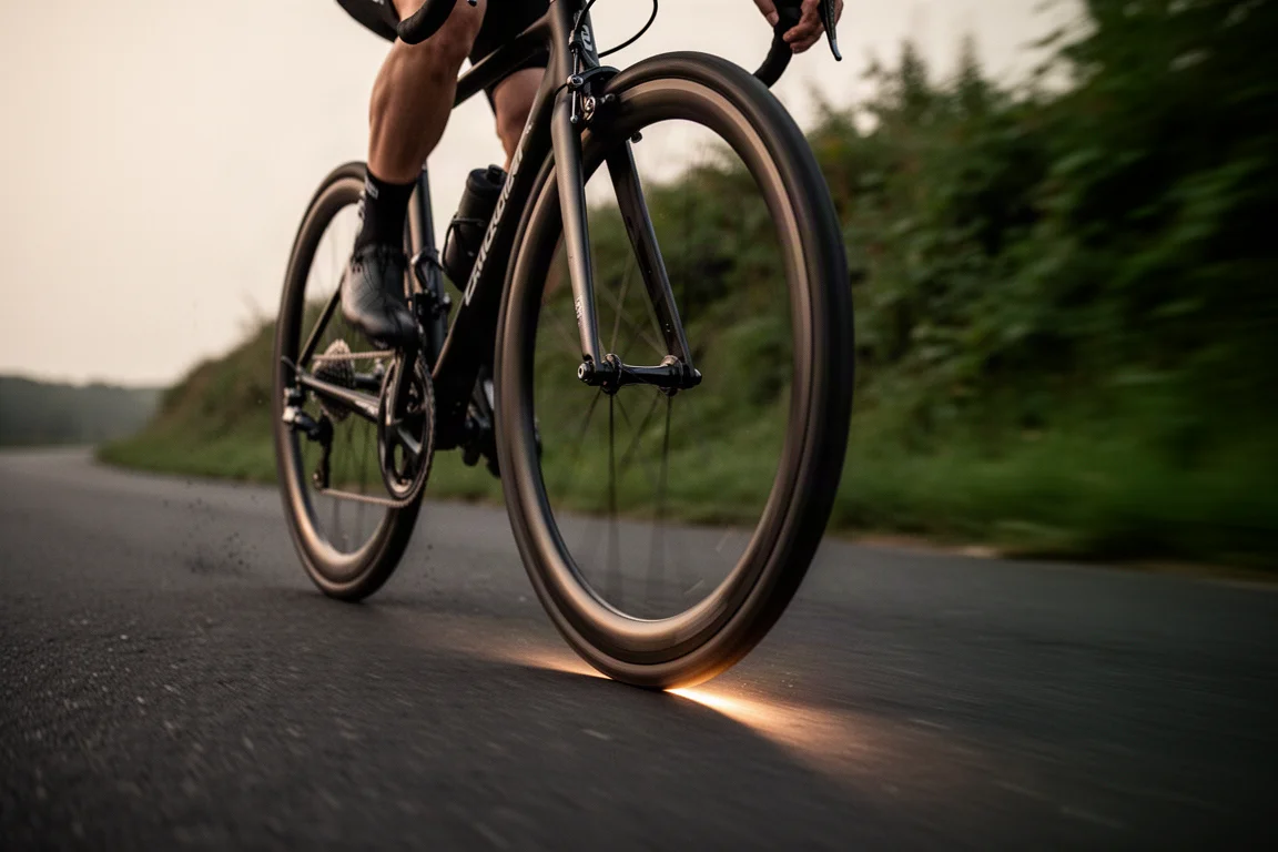 Bicicleta de estrada fazendo curva em alta velocidade com foco raso na área de contato do pneu dianteiro
