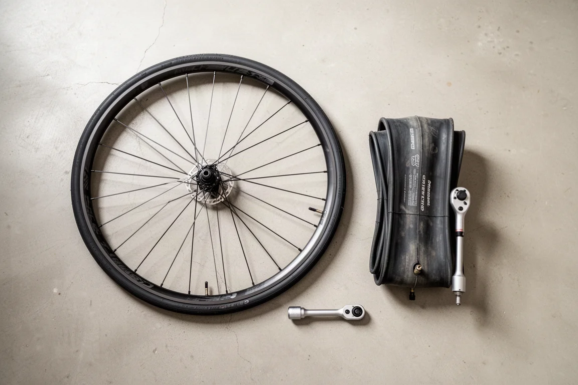 Vista superior de uma roda de estrada, pneu tubeless dobrado e chave de torque