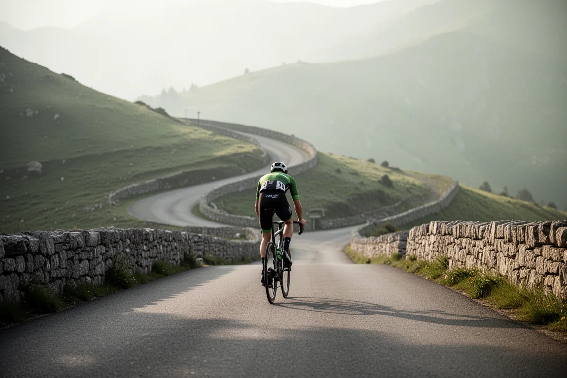 Ciclista su strada che sale lungo una strada di montagna tortuosa nella luce morbida del pomeriggio