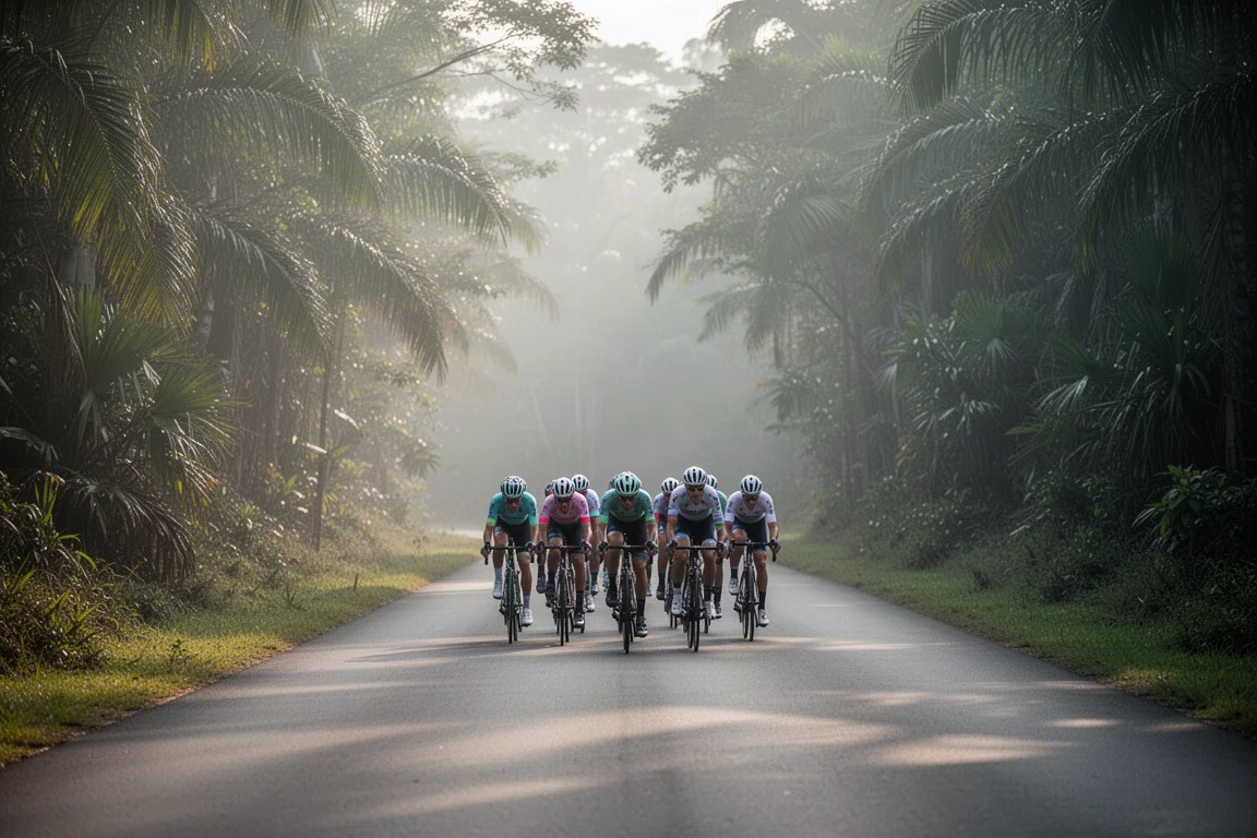 Gruppo di ciclisti su strada che pedala in formazione su una tranquilla strada di campagna