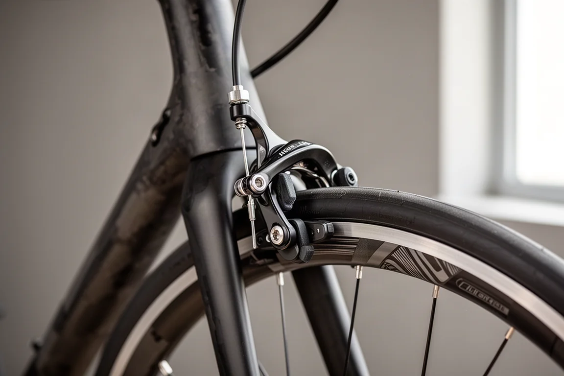 カーボンロードバイクのフォークに取り付けられたリムブレーキキャリパーとパッドのクローズアップ