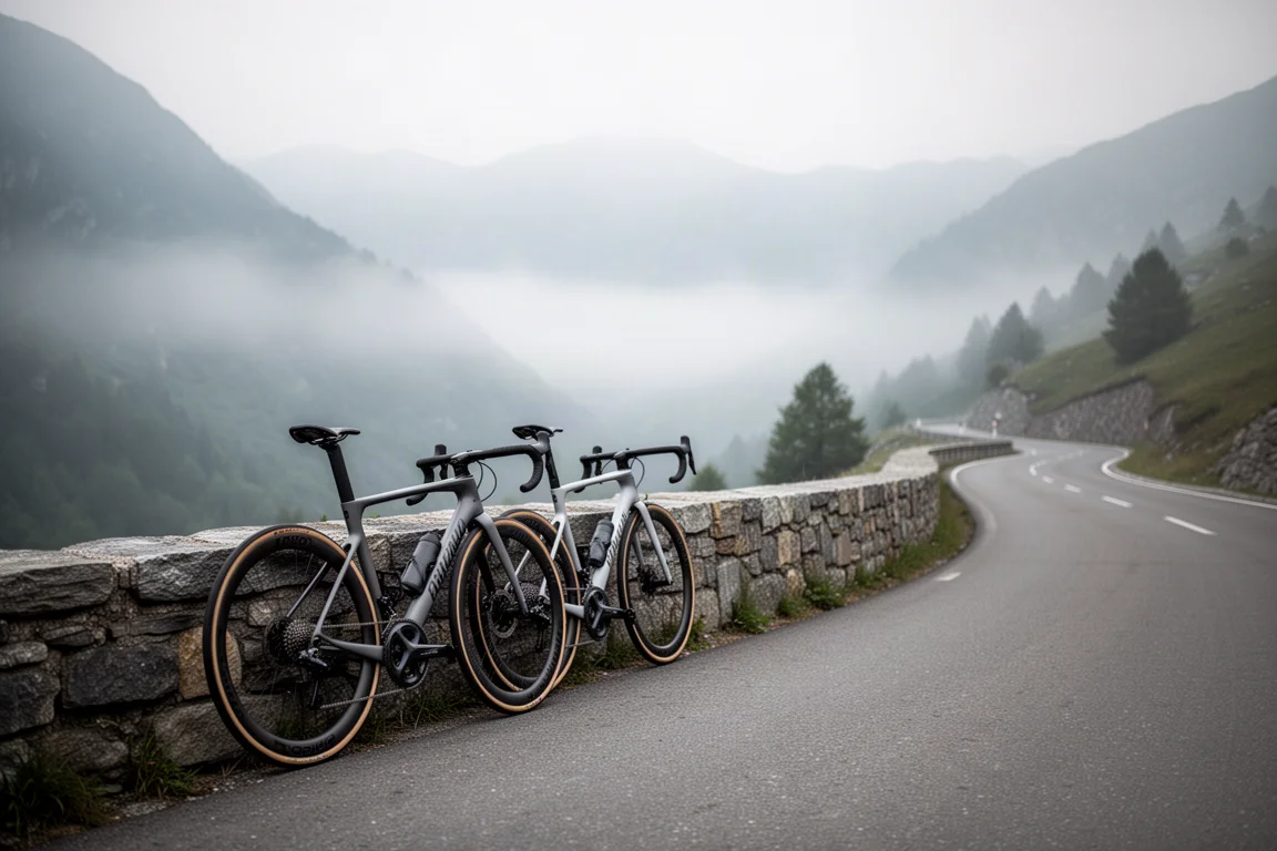 Two road cyclists climbing a steep mountain pass at golden hour, seen from behind