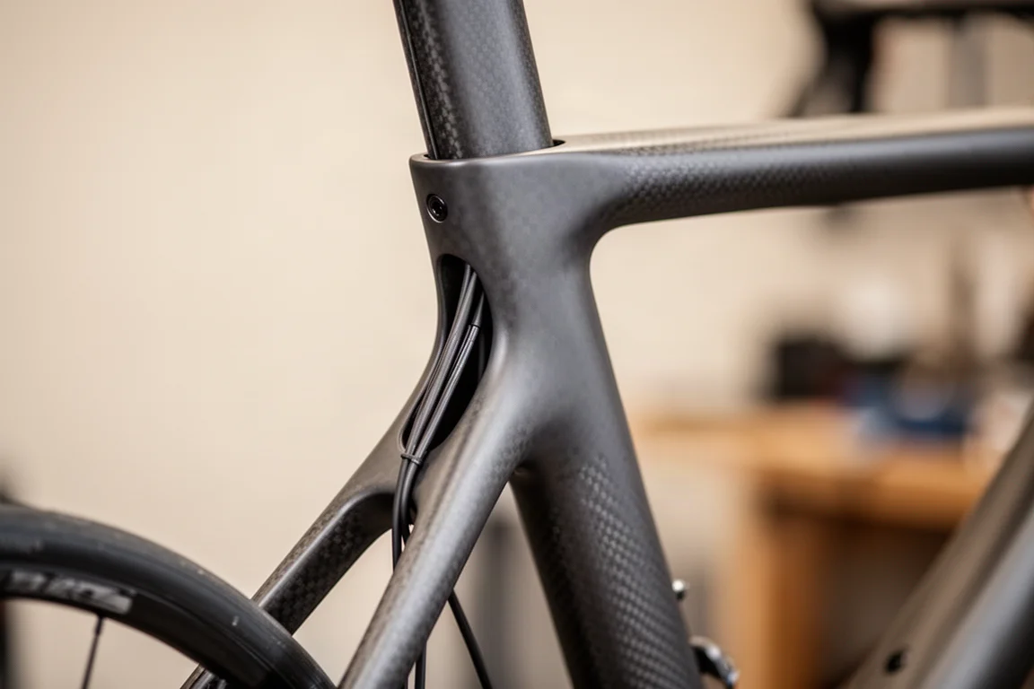 Close-up of a road bike front end with internal cables entering the frame