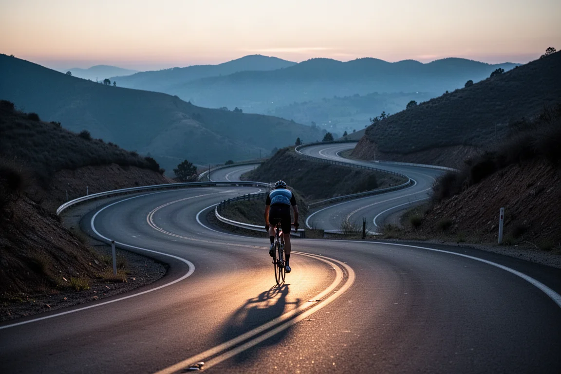 Road cyclist descending a sweeping mountain road at dusk with no face visible