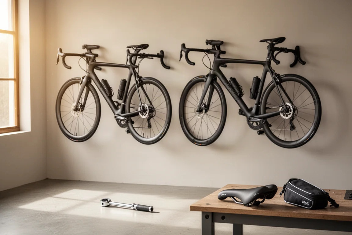 Overhead flat lay of cycling essentials on a pale concrete surface