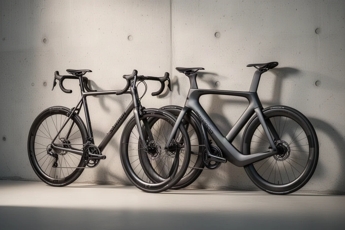 Two carbon road racing bikes side by side on a concrete surface