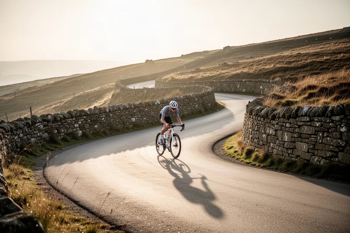 Road cyclist checking a lightweight race bike on a misty mountain pass at dawn